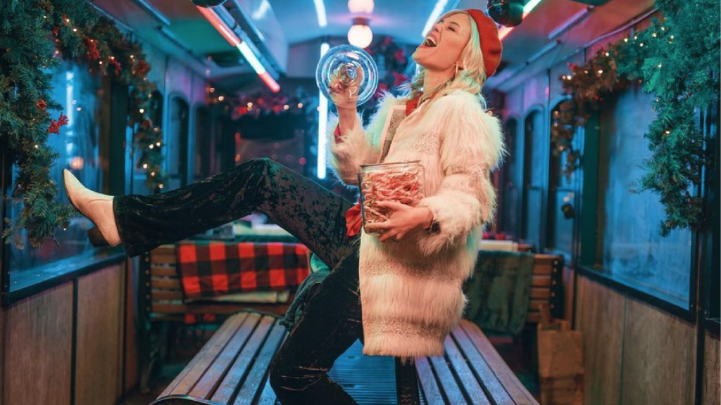 Woman dancing with candy canes
