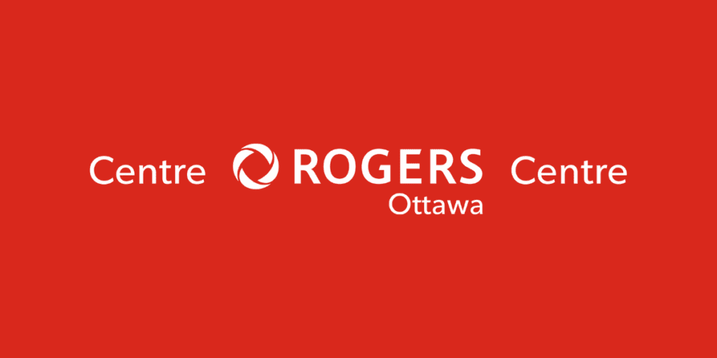 Red background with white text: "Centre ROGERS Centre Ottawa" and a circular logo between "Centre" and "ROGERS".