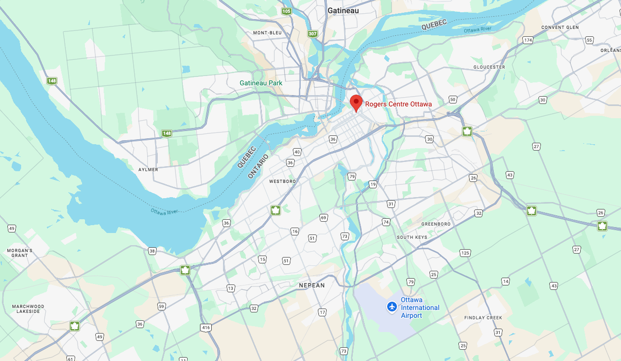 Map of Ottawa showing locations of Rogers Centre Ottawa and Ottawa International Airport, major roads, and surrounding areas.